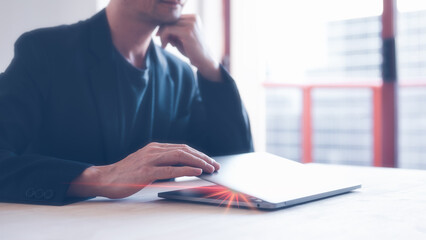 open close computer laptop job finished closing deal concept, businessman closing laptop on white wooden table