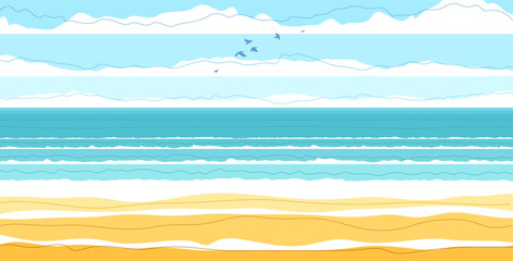 Tranquil seashore beach ocean or sea, summer holidays and vacations theme vector illustration, can be used as a background for card or banner to add text.