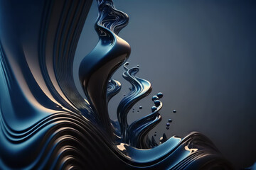 Surreal blue and beige glossy wallpaper with abstract wavy shapes. Background with curvy organics texture. Generative ai