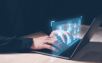 Analyst working with Business Analytics and Data Management System on computer, make a report with KPI and metrics connected to database. Corporate strategy for team management.