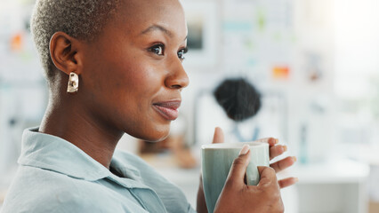 Black woman drink coffee, thinking and relax in work office remember happy memory on job break....