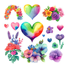 Set of hearts and flowers isolated on white. Rainbow collection. Watercolor illustration. Generative AI