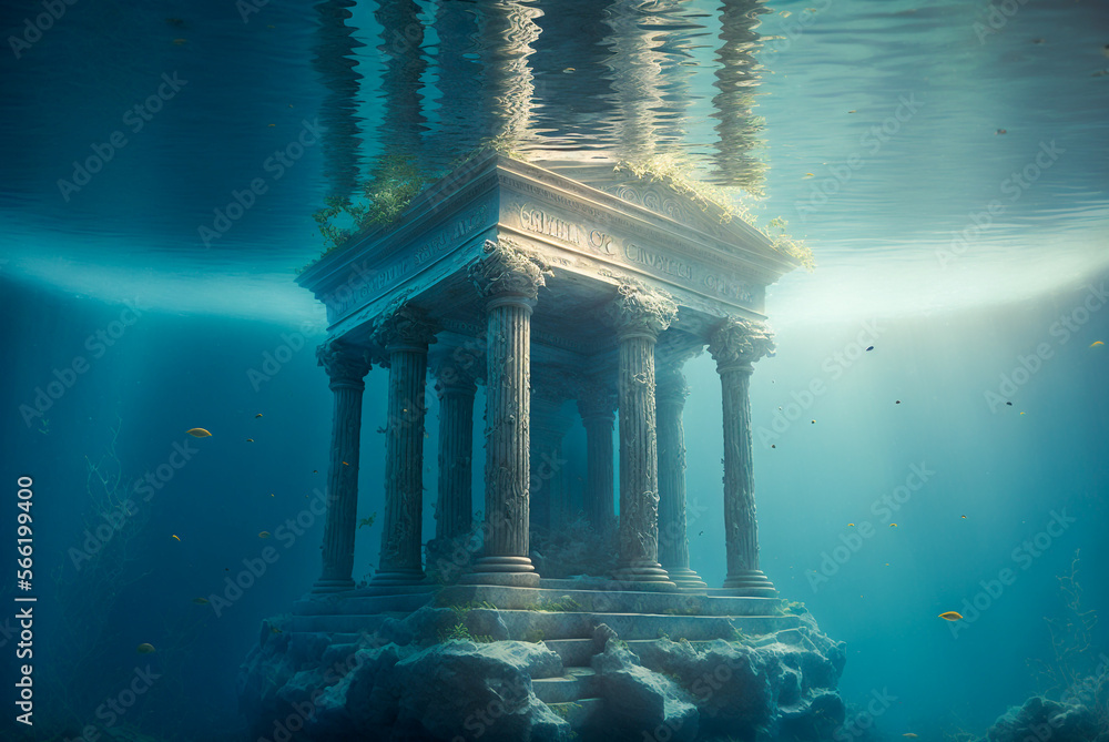 Poster ancient sunken temple. created with generative ai technology.