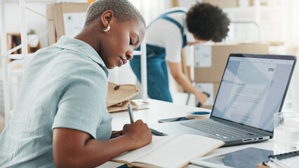 Planning, writing and black woman working on company or business schedule, work calendar and...
