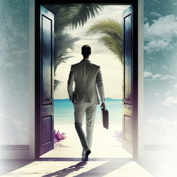 A businessman step through a doorway to a tropical holiday paradise, tourism, Travel, destination, vacation, holiday, generative AI