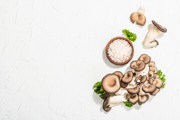 Fresh oyster mushrooms with parsley and sea salt. Healthy ingredient for cooking vegan food