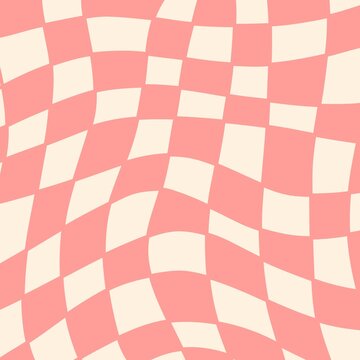 Twisted colourful checkered background abstract aesthetic vector illustration seamless pattern retro 1970s wavy psychedelic checkerboard pink white beige colours wallpaper high quality