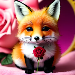 Fototapeta premium a cute dewy-eyed baby fox with a red rose,pink rose in the background in an airbrushed style