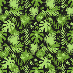 Seamless pattern with green tropical palm leaves on black background. Exotic foliage wallpaper.