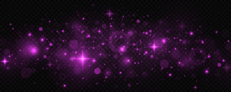 Pink confetti and shiny stars. Sparkling space pink magical dust particles. Christmas light concept. 
