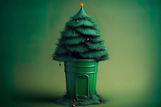 Tree put in a green garbage can for the holidays Generative AI