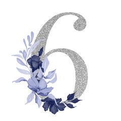 Silver number with navy blue watercolor floal bouquet, six