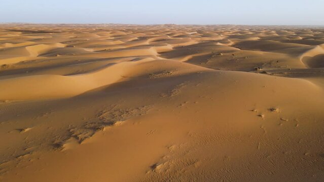 Breathtaking Africa Landscape, Mauritania Sahara Desert Sand Dunes at Sunset, Aerial Drone Flight