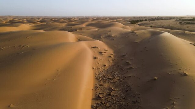 Sand Dune Landscape in Mauritania Sahara Desert, Africa - Aerial Wide Flight