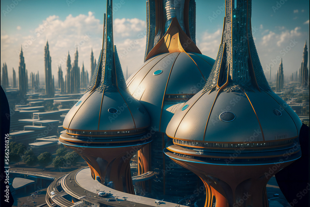 Poster futuristic city. fictional architecture. created with generative ai technology.