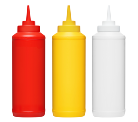 Bottled ketchup, mustard and mayonnaise, cut out