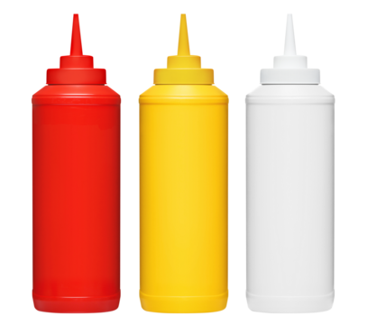 Bottled ketchup, mustard and mayonnaise, cut out