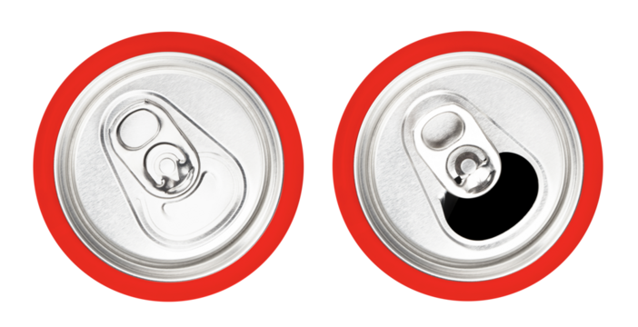 Red aluminium cans, top view, cut out