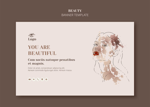 Female face in trendy art style. Line art in an elegant style with watercolor paint banner template. Beautiful woman face contour grunge brush vector illustration. Vitiligo skin. Beauty design 