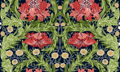 Red big flowers with foliage seamless ornament on dark background. Vector illustration.