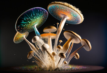 Illusionary Fantasy: AI-Generated Render of a Colorful Mushroom in a Dreamy Forest