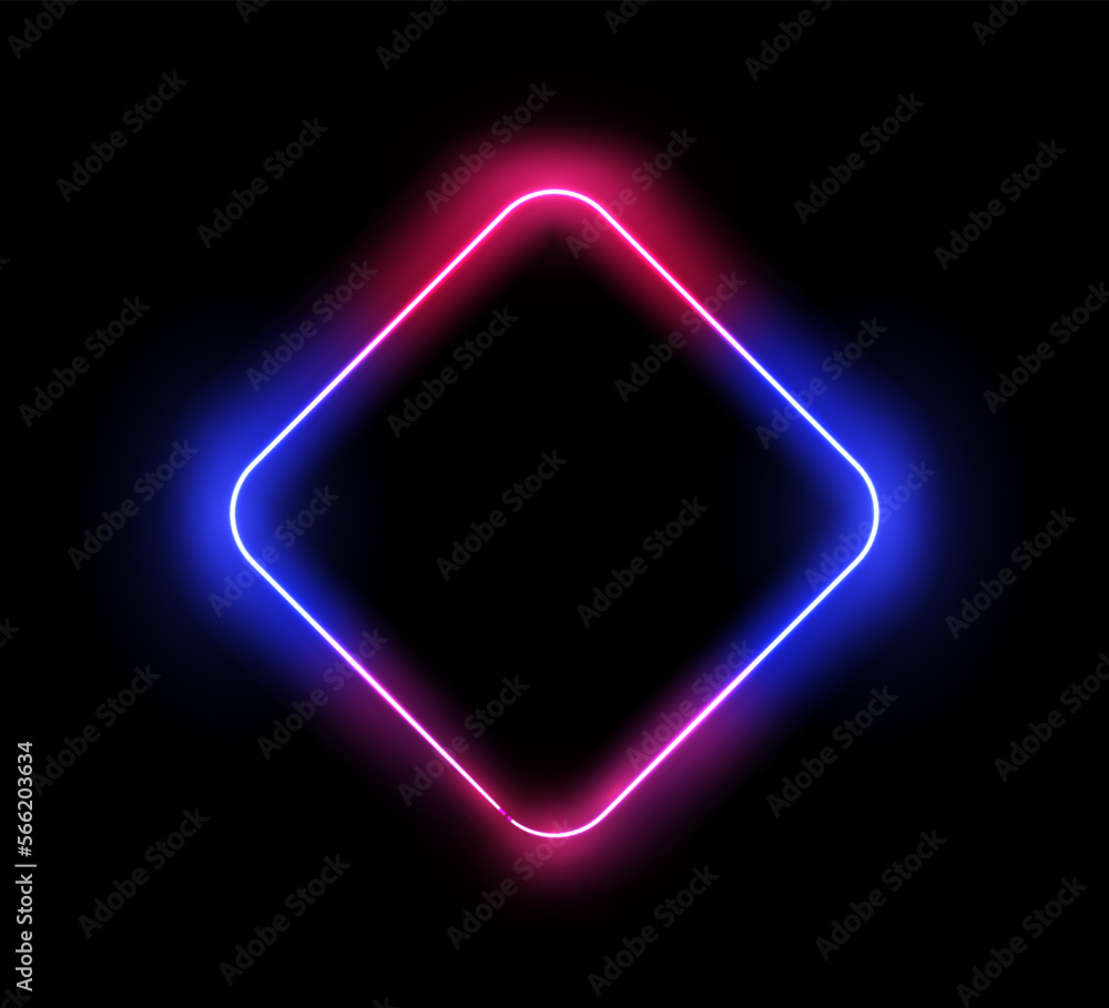 Aufkleber neon frame in shape of rhombus, isolated glowing border with highlight shining line. sign or banner 