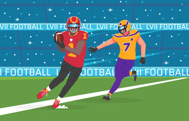 Illustration of 2 American Football players in action, with one carrying ball and being pursued on the field. Ideal for sports-related articles, presentations, and social media posts