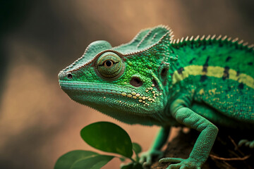 Fototapeta premium Green chameleon close up. Generative ai