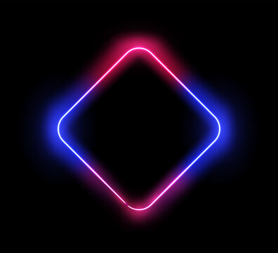 Neon frame in shape of rhombus, isolated glowing border with highlight shining line. Sign or banner with copy space. Vector in realistic style illustration