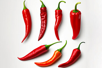 Set of fresh whole red chili pepper isolated on white background. Full depth of field. Focus stacking. AI