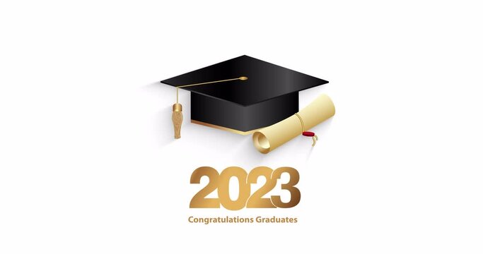 Animation of graduation flying hat and inscription congratulations on graduation 2023
