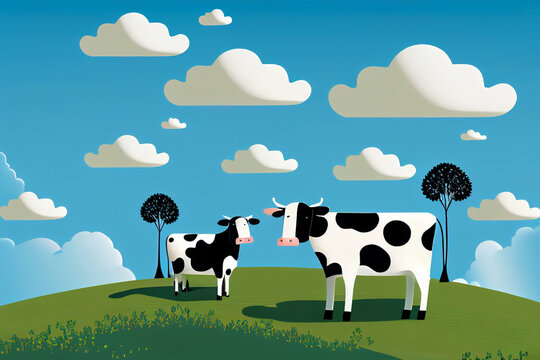 Cartoon Of Black And White Holstein Friesian Cows Standing In A Green Grass Pasture Field For Dairy  Livestock With A Blue Sky And Fluffy White Clouds, Generative AI Stock Illustration Image