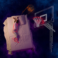 Creative design with line art on space background. Little child, kid sleeping and dreaming of being...