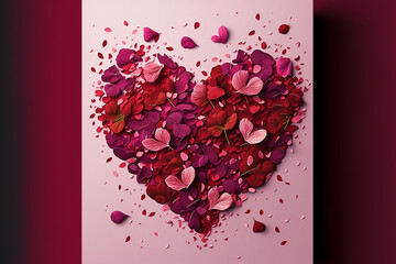 Carte avec coeur en pétales de fleurs roses (AI)