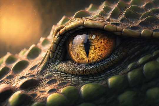A closeup of a crocodile's eye. Generative AI.