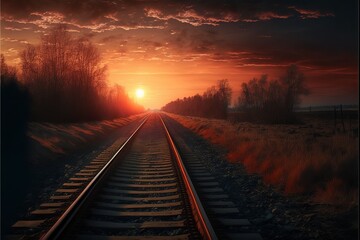 Naklejka na ściany i meble Golden Hour on the Tracks: Stunning Sunset View of Railway Lines