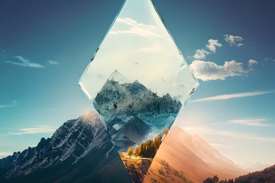Diamond snow mountains, double exposure, Generative AI