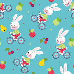 Colorful seamless pattern with cute cartoon bunny riding bicycle in flat style. Endless texture for fabric, baby clothes, background, textile, wallpaper. Vector illustration with fruits.