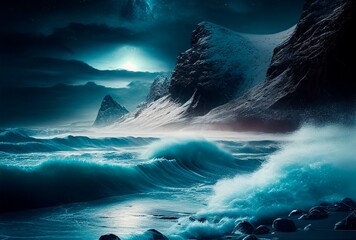 Storm on the ocean, northen light. Beautiful landscape of Islandia, Norway, Generative AI