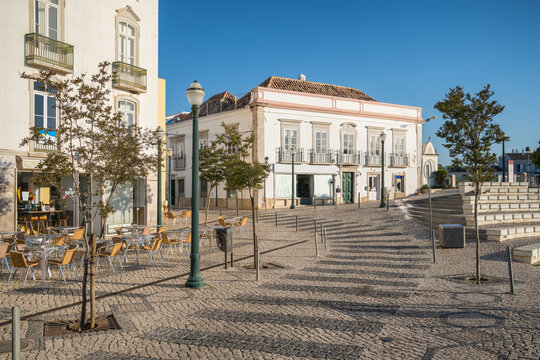 Tavira town central Praca da Republica square, Portugal.