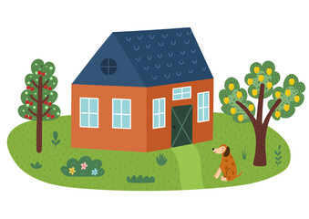 Obraz na płótnie Canvas Landscape print in cartoon style with cute dog, house and trees. Summer green meadow isolated on white. Outdoor garden background. Vector illustration