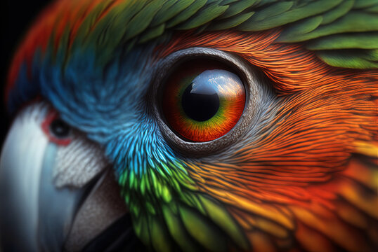 A closeup of a parrot's eye with ethereal. Generative AI.