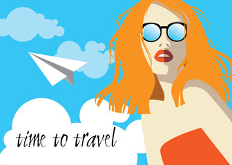 art fashion portrait of a model girl with sunglasses; flat vector. Time to Travel and Summer Holiday poster.