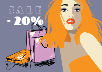 art sketching fashion portrait of a model girl with shopping bag; trendy pink color; flat vector. Sale Banner 20 percent Off