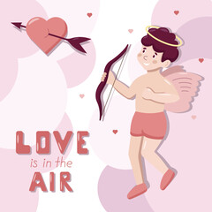 Cute cartoon vector greeting square poster with little Cupid. Love is in the air lettering. Valentine Day concept. Angel shoots at the heart from the bow in pink clouds.