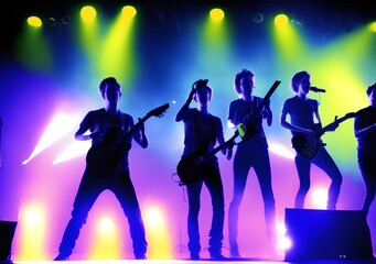 Rock Band Performs on Stage in the Spotlights, Generative AI Illustration