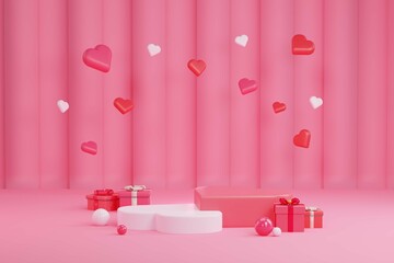 Happy Valentine's Day holiday banner. Greeting background with abstract 3d composition for Valentine's Day. gift box a podium with heart. 3D rendering