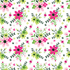 Seamless vector floral pattern in flat style on white background. Ornament for fabric and wrapping paper with pink, green and yellow small flowers