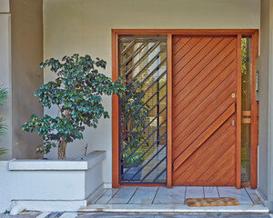 A contemporary residential apartment building's entrance with a natural wood and glass door. Athens, Greece.