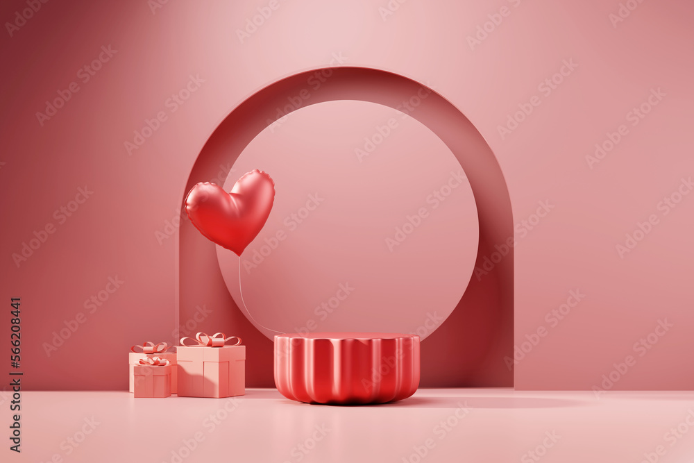 Poster valentine's day stage podium mock up with heart product display showcase 3d rendering